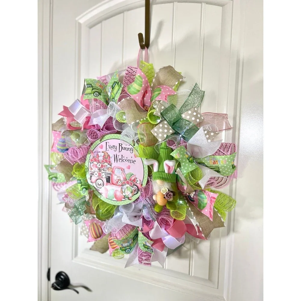 Handmade Easter Bunny Gnome Prelit Ribbon Wreath 22 in LED W12